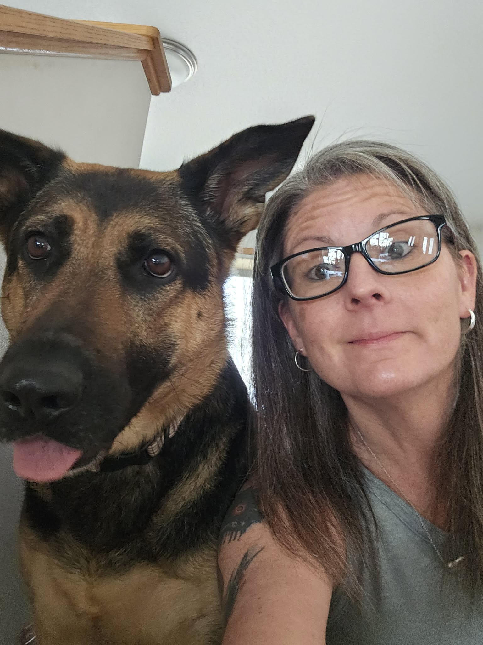 Amanda, a woman with glasses and long gray hair, poses for a selfie with a large German Shepherd dog indoors. The dog has its tongue out, and both Amanda and her canine companion look toward the camera.