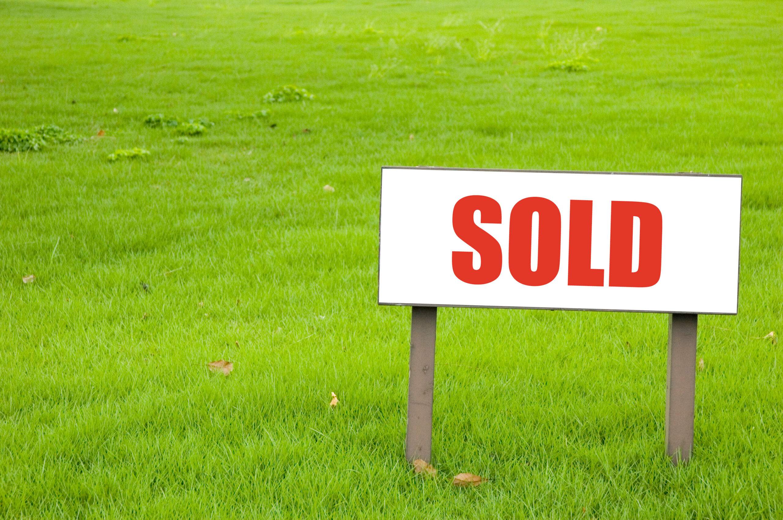 A white sign with the word “SOLD” in bold red letters stands on a grassy lawn, marking the successful completion of your home selling journey.