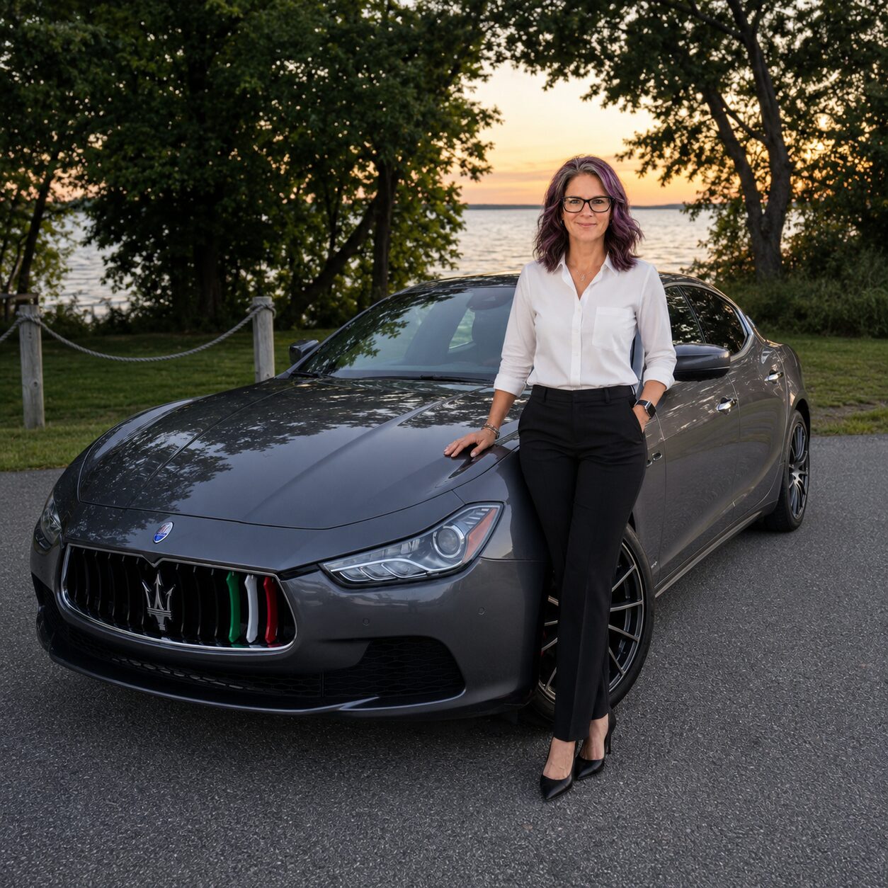 Amanda, dressed in a white shirt and black pants, stands confidently next to a gray Maserati parked near a lake at sunset, with trees in the background.