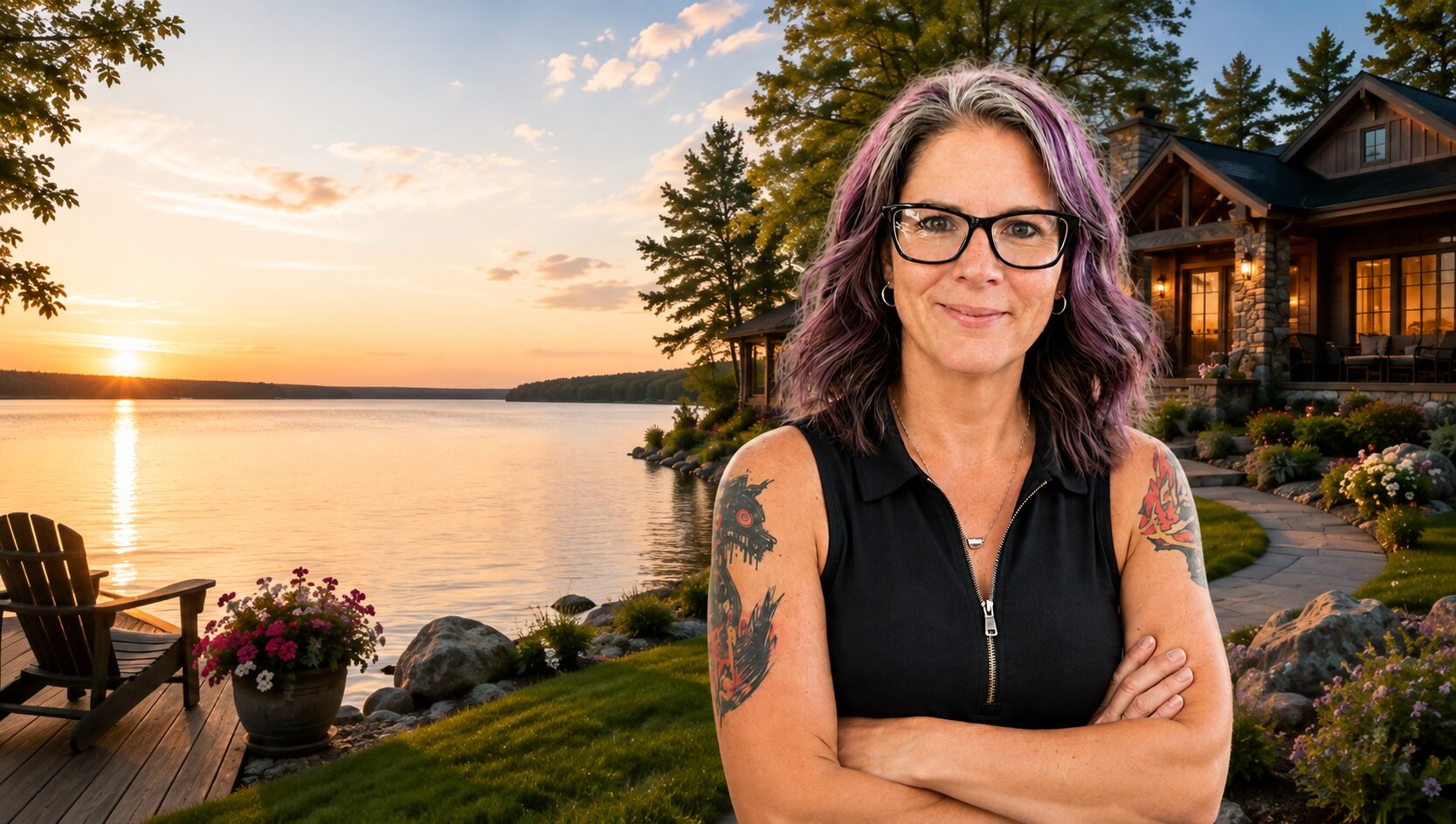 A woman with glasses and purple hair stands smiling with arms crossed by a peaceful lakeside at sunset, with a house, trees, and flowers in the background.